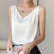 Satin Look Tank Top with V Neck and Loose Fit