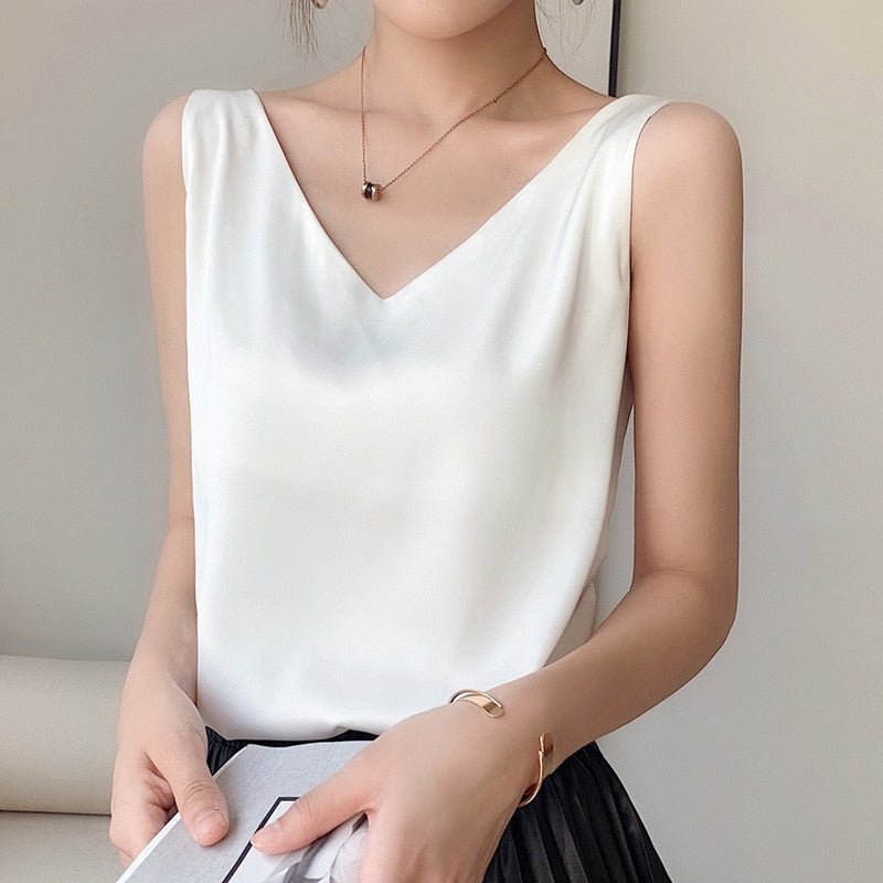 Satin Look Tank Top with V Neck and Loose Fit