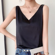 Satin Look Tank Top with V Neck and Loose Fit