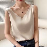 Satin Look Tank Top with V Neck and Loose Fit