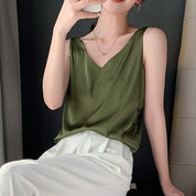 Satin Look Tank Top with V Neck and Loose Fit