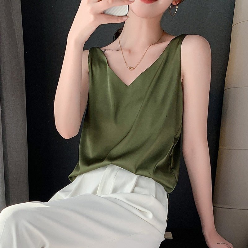 Satin Look Tank Top with V Neck and Loose Fit