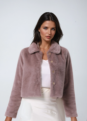 Manteau d'hiver court en fausse fourrure avec col et boutons pour femmes