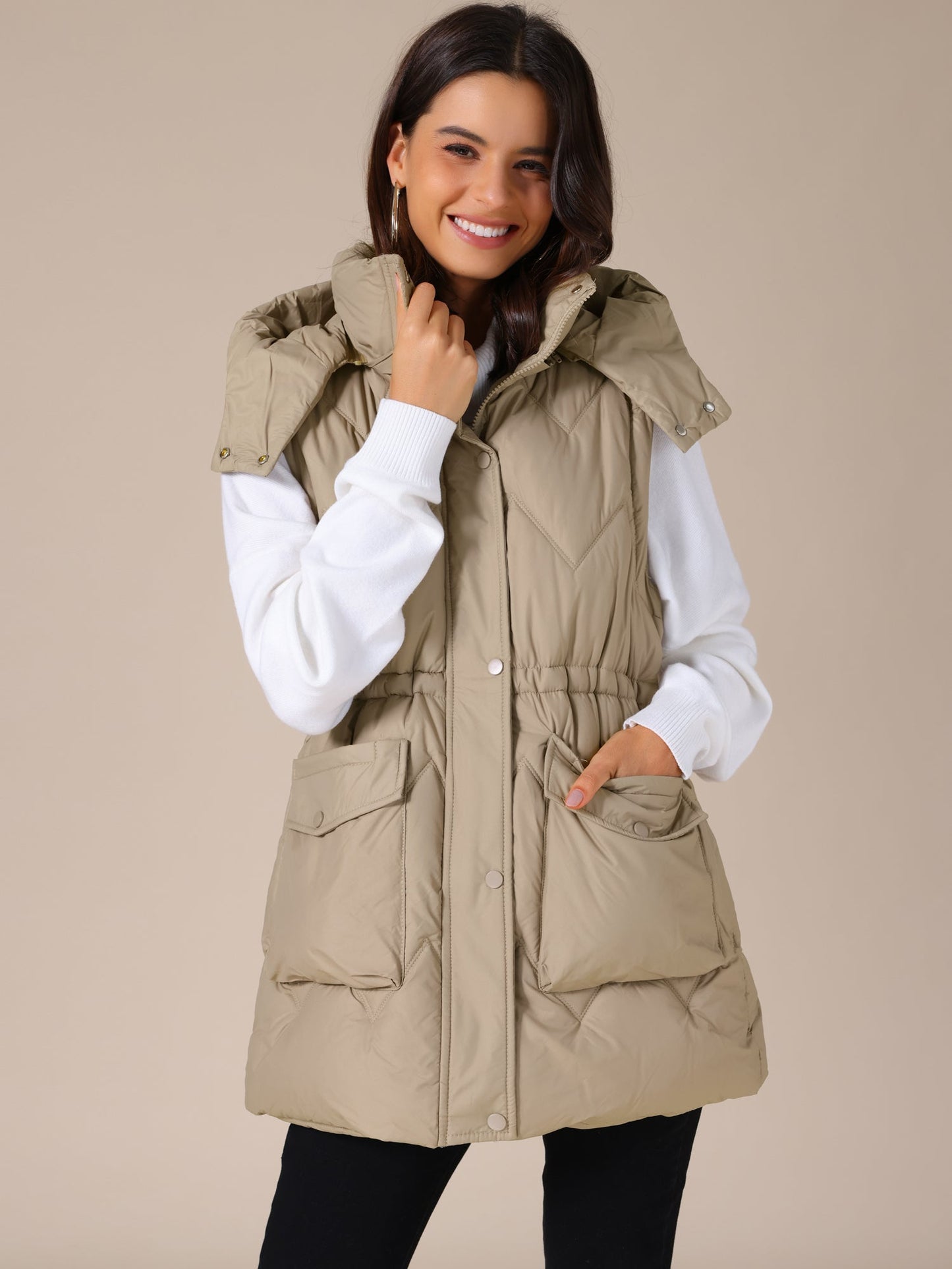 Gewatteerde Lange Bodywarmer met Capuchon voor Dames