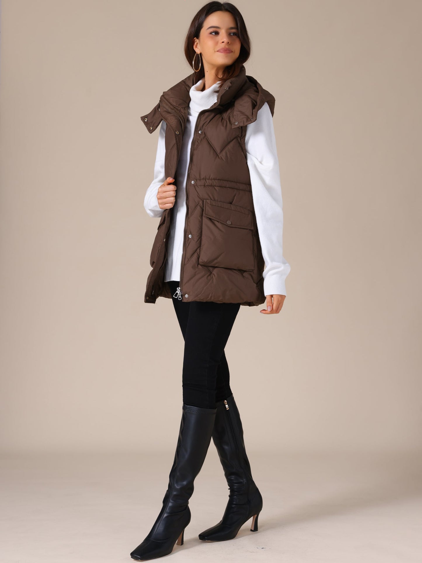 Gewatteerde Lange Bodywarmer met Capuchon voor Dames