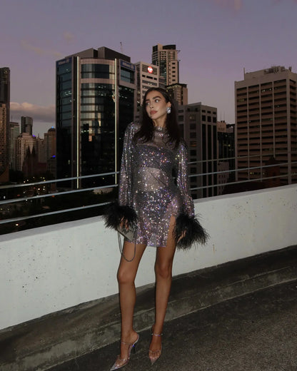 Glitter Pailletten Dames Mini Cocktailjurk Met Veren Mouwen