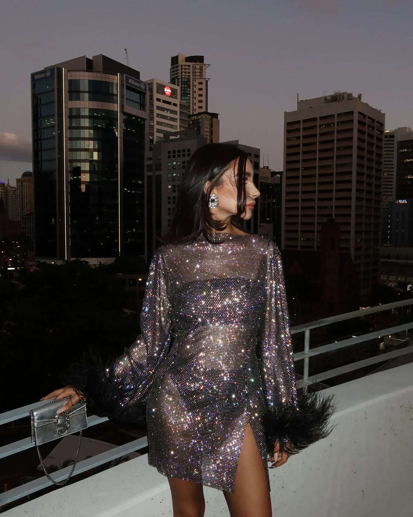 Glitter Pailletten Dames Mini Cocktailjurk Met Veren Mouwen