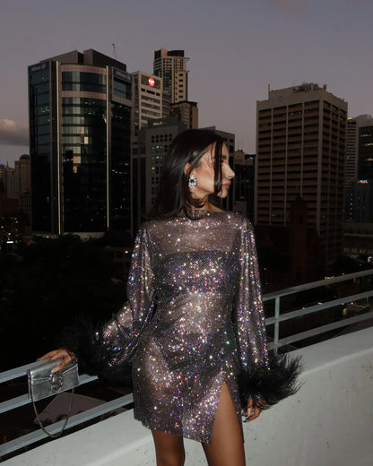 Glitter Pailletten Dames Mini Cocktailjurk Met Veren Mouwen