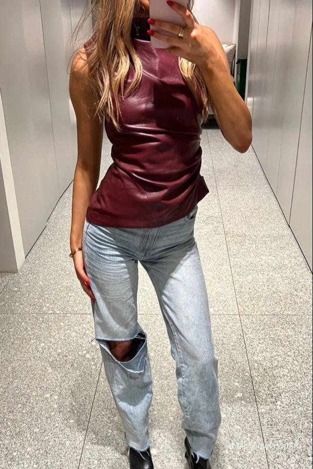 Top sans manches en simili cuir avec col montant pour femmes
