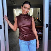Sleeveless Top with Faux Leather and High Neck for Women