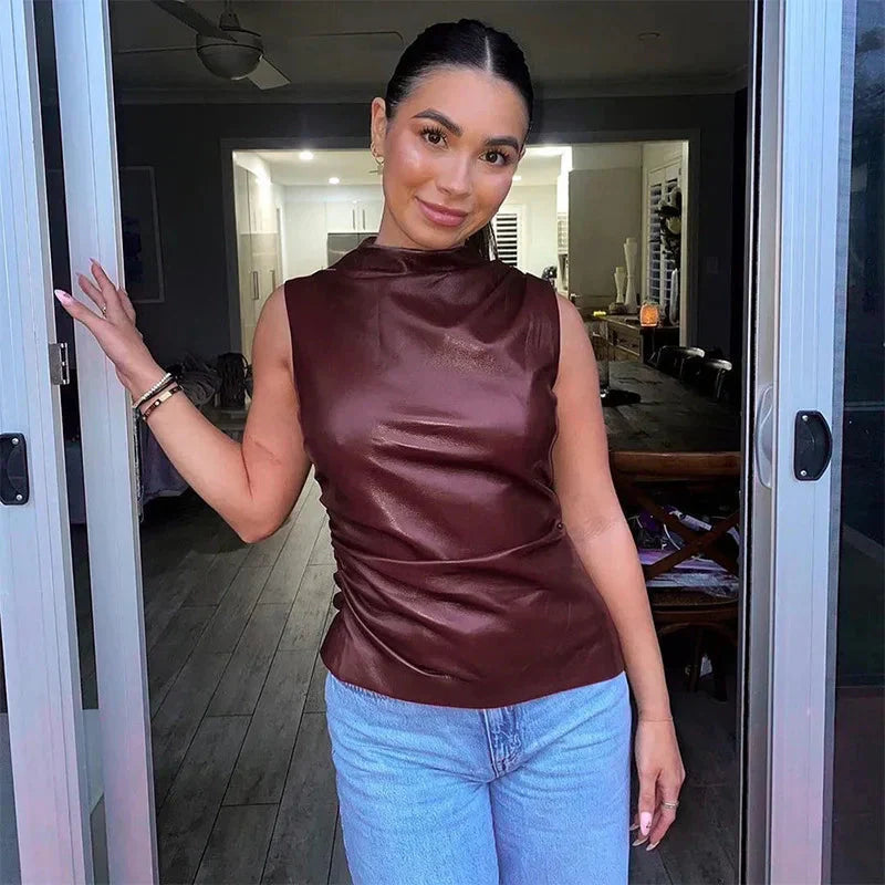 Sleeveless Top with Faux Leather and High Neck for Women