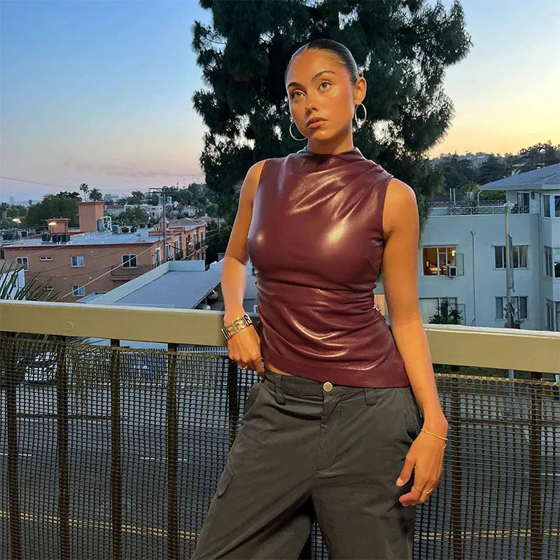Sleeveless Top with Faux Leather and High Neck for Women