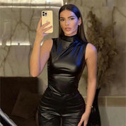 Sleeveless Top with Faux Leather and High Neck for Women