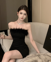 Strapless Mini Jurk met Veren Bodycon Feestjurk voor Dames