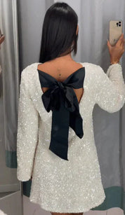 Glitter Chique Vrouwen Mini Cocktailjurk Open Rug Met Strik