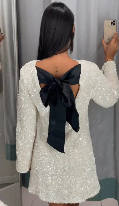 Glitter Chique Vrouwen Mini Cocktailjurk Open Rug Met Strik