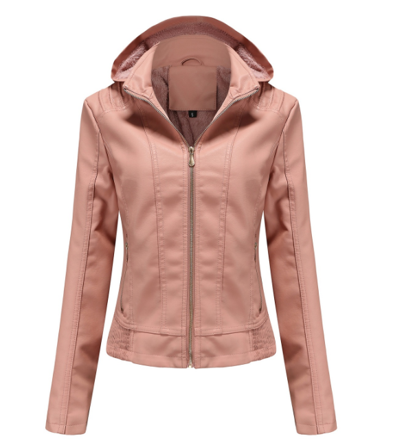 Leather Women's Jacket with Removable Hood and Zipper