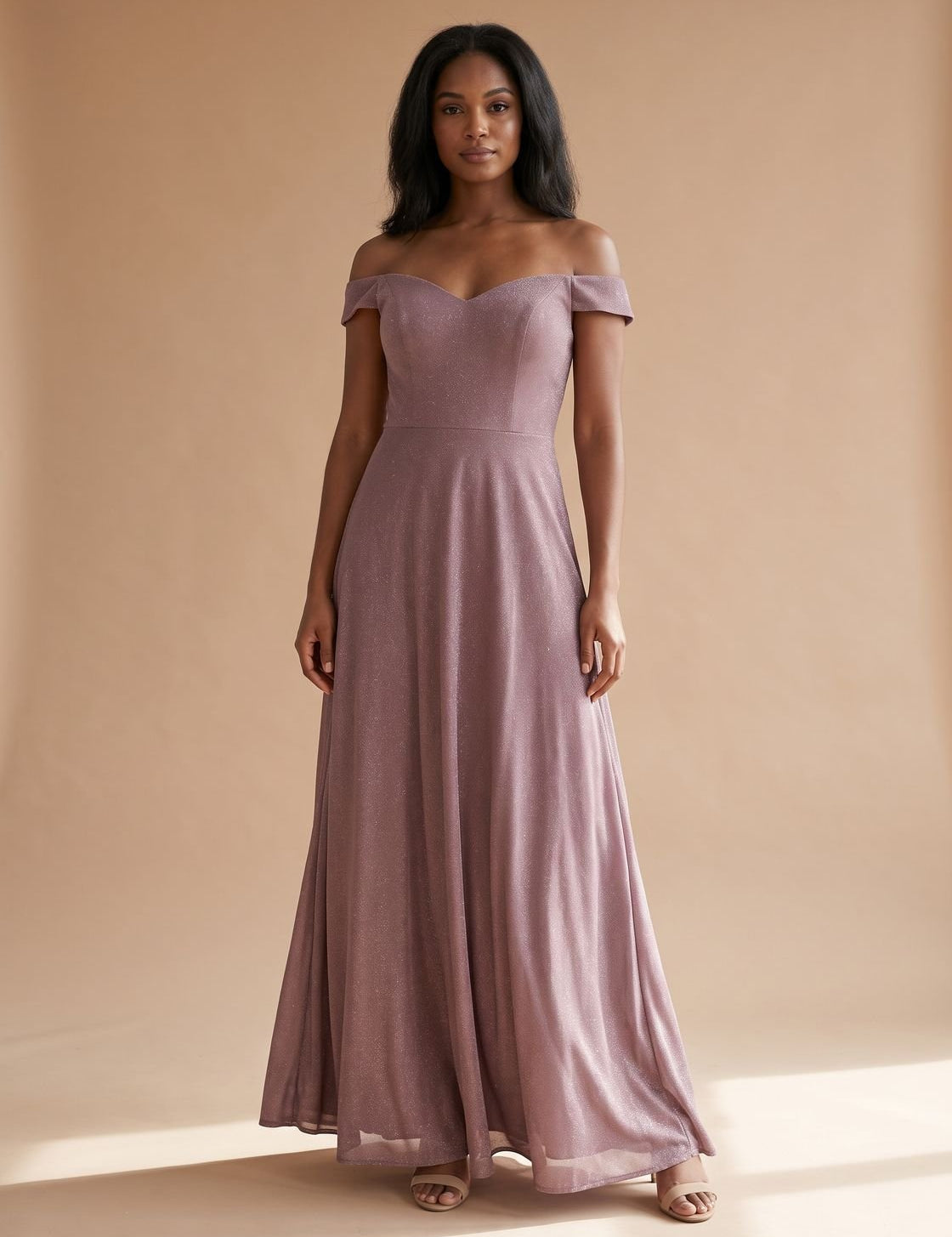 Women's Off-Shoulder Glitter A-Line Formal Wedding Guest Gown - Light Pink