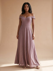 Women's Off-Shoulder Glitter A-Line Formal Wedding Guest Gown - Light Pink