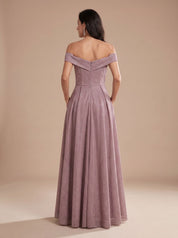 Women's Off-Shoulder Glitter A-Line Formal Wedding Guest Gown