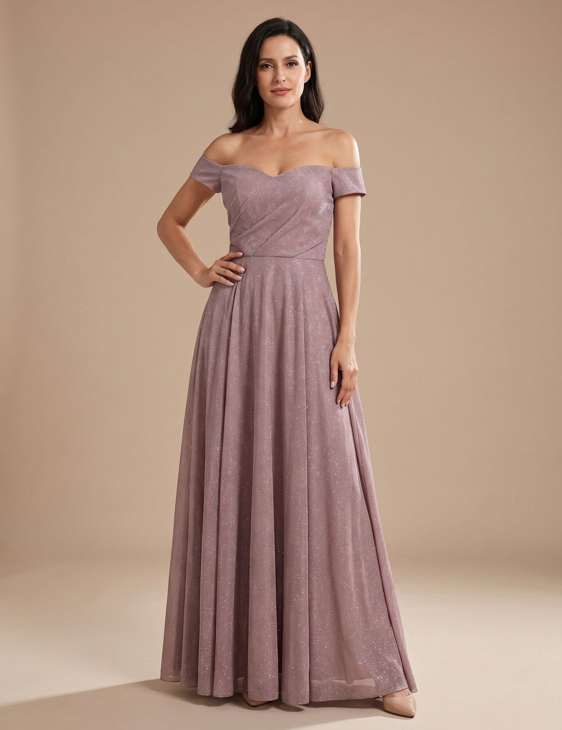 Women's Off-Shoulder Glitter A-Line Formal Wedding Guest Gown