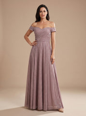 Women's Off-Shoulder Glitter A-Line Formal Wedding Guest Gown