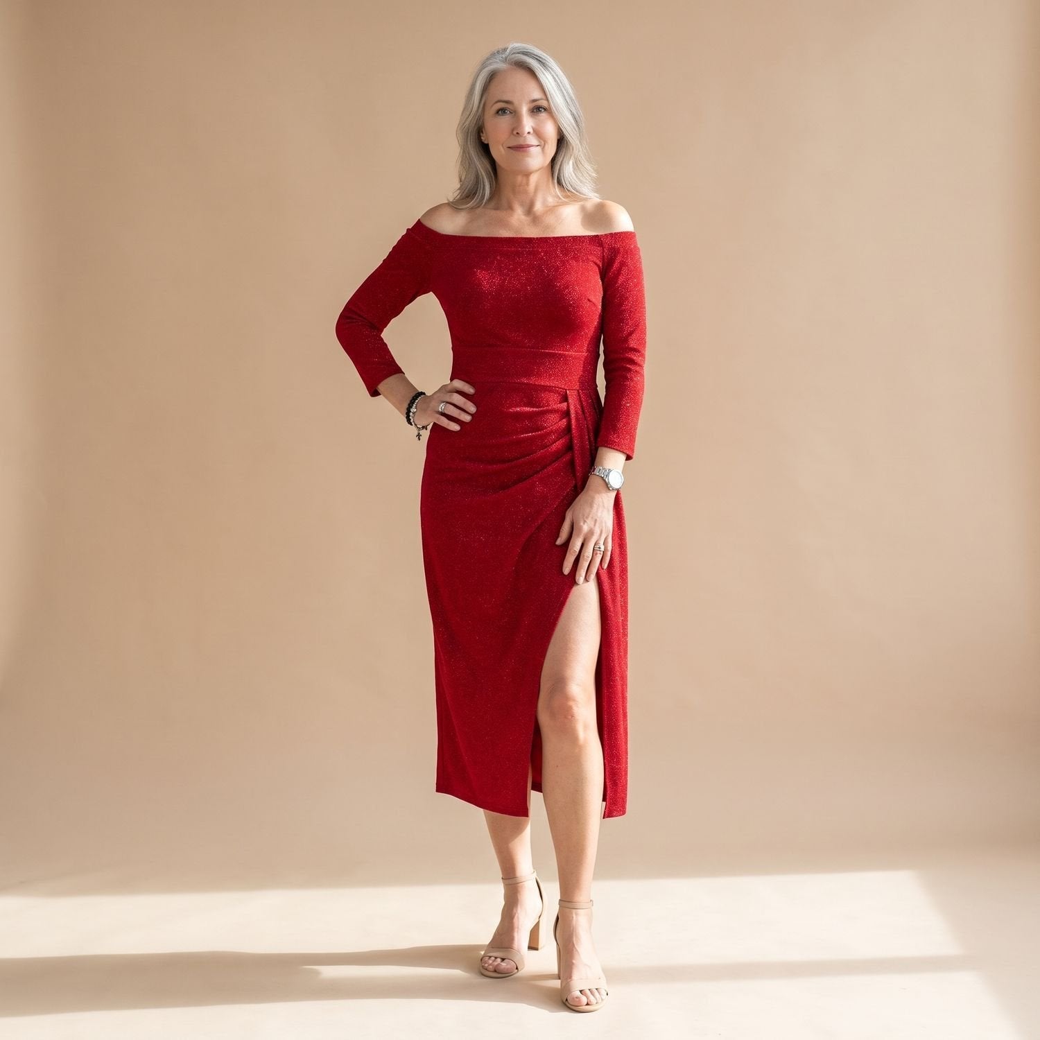 Dames Feestelijke Glitter Midi Jurk met Split en Off-Shoulder
