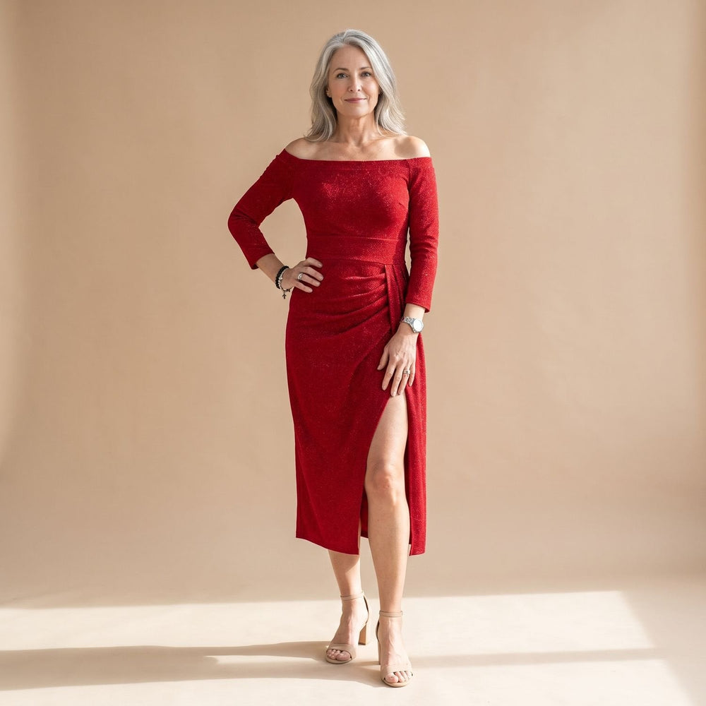 Dames Feestelijke Glitter Midi Jurk met Split en Off-Shoulder