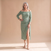 Dames Feestelijke Glitter Midi Jurk met Split en Off-Shoulder