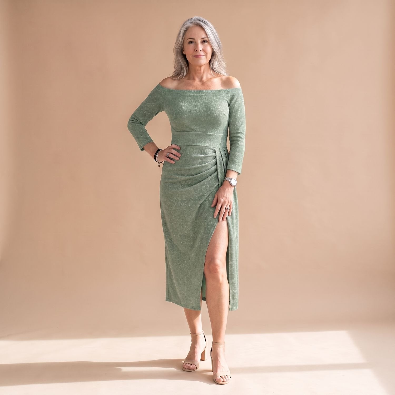 Dames Feestelijke Glitter Midi Jurk met Split en Off-Shoulder