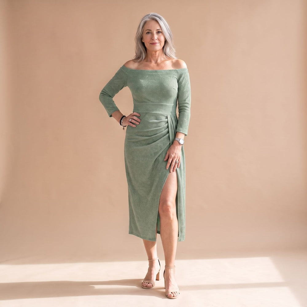Dames Feestelijke Glitter Midi Jurk met Split en Off-Shoulder