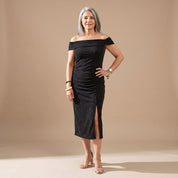 Dames Feestelijke Glitter Midi Jurk met Split en Off-Shoulder