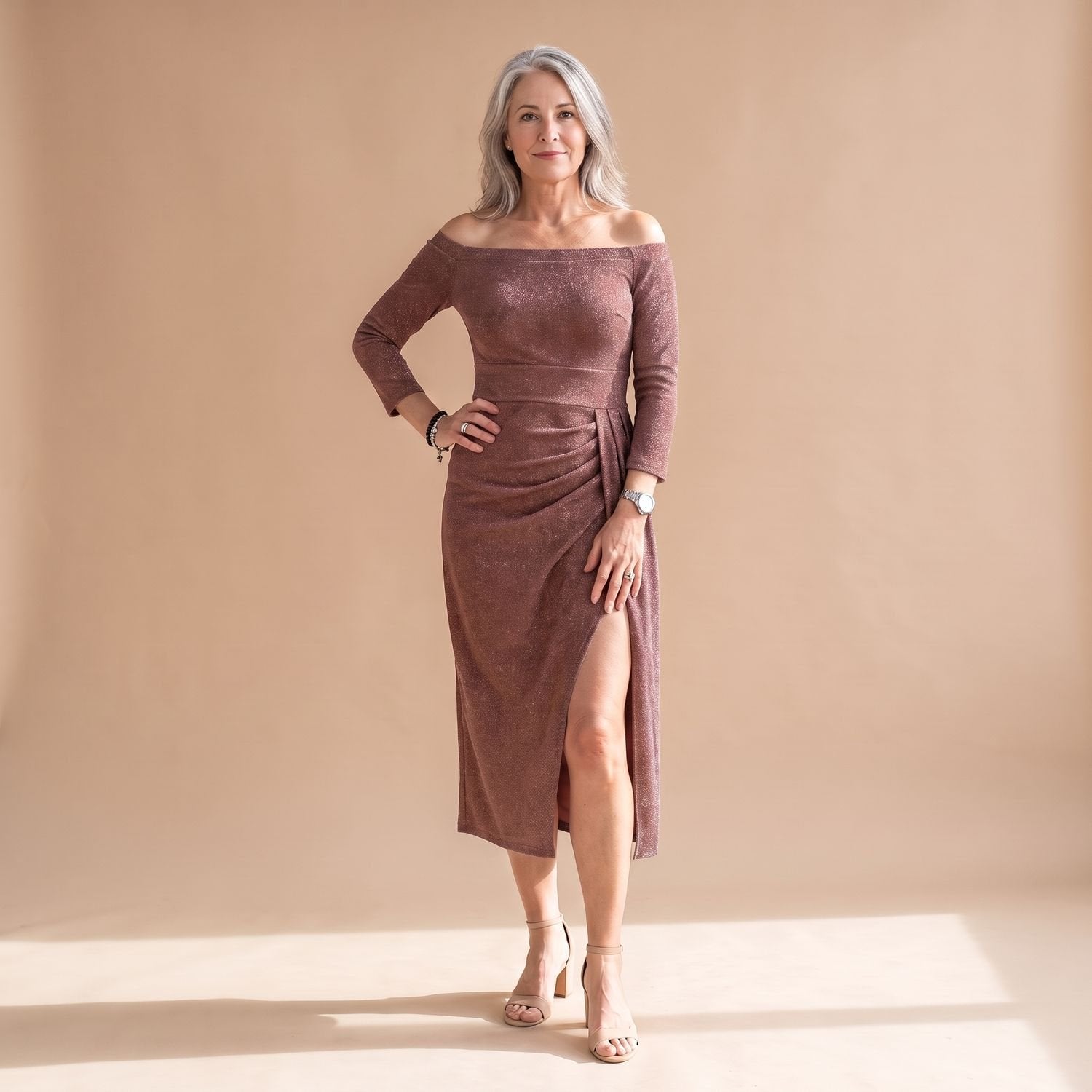 Dames Feestelijke Glitter Midi Jurk met Split en Off-Shoulder