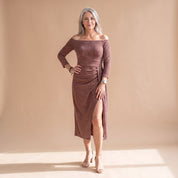 Dames Feestelijke Glitter Midi Jurk met Split en Off-Shoulder