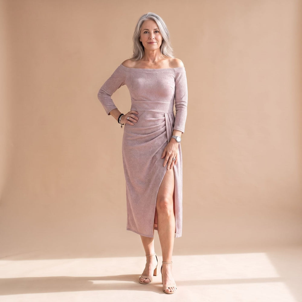 Dames Feestelijke Glitter Midi Jurk met Split en Off-Shoulder