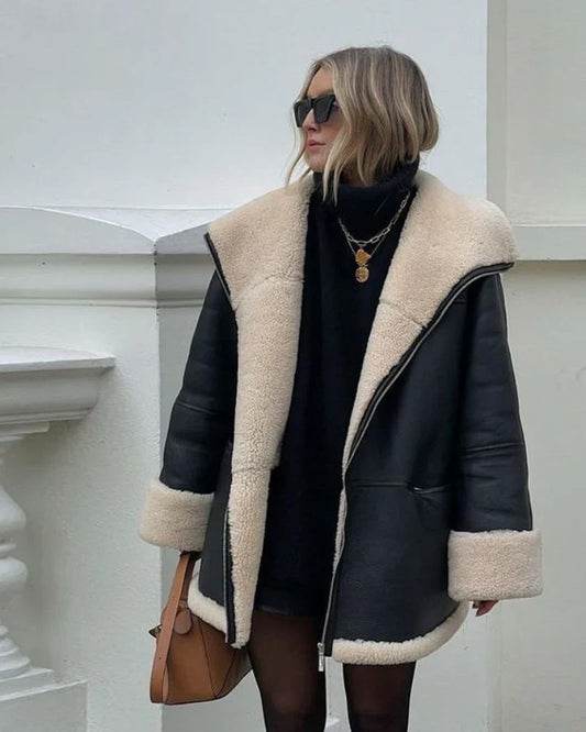 Oversized Zwarte Leren Teddy Voering Winterjas Dames