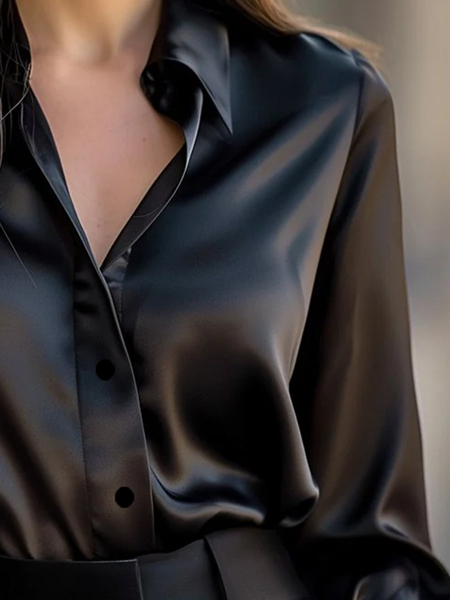 Dames Chique Satijnlook Blouse met Klassieke Kraag en Knopen
