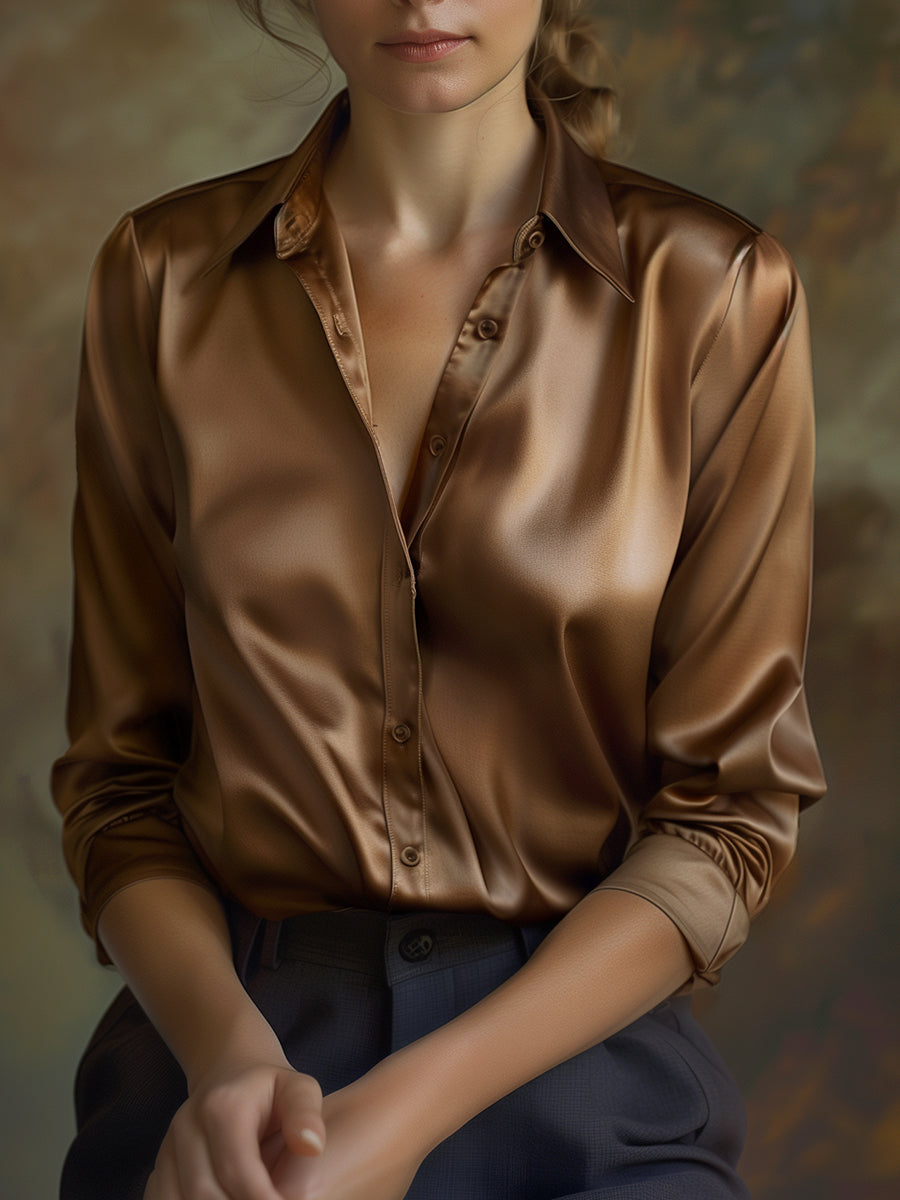 Dames Chique Satijnlook Blouse met Klassieke Kraag en Knopen