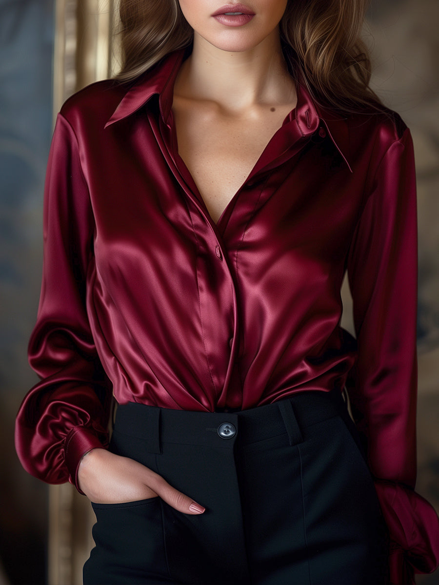 Dames Chique Satijnlook Blouse met Klassieke Kraag en Knopen