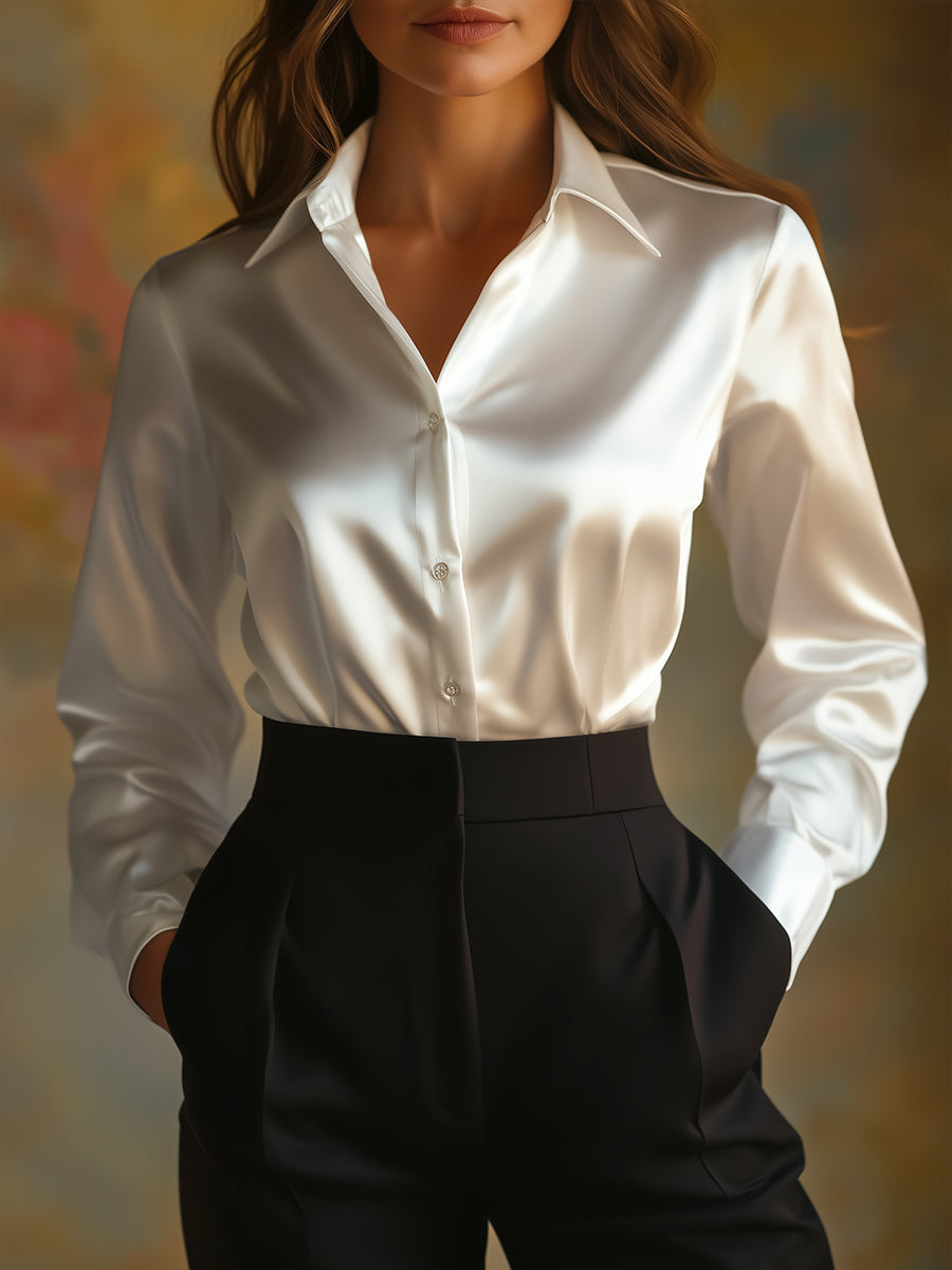 Dames Chique Satijnlook Blouse met Klassieke Kraag en Knopen