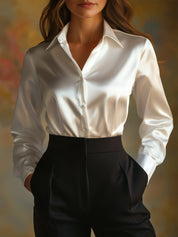 Dames Chique Satijnlook Blouse met Klassieke Kraag en Knopen
