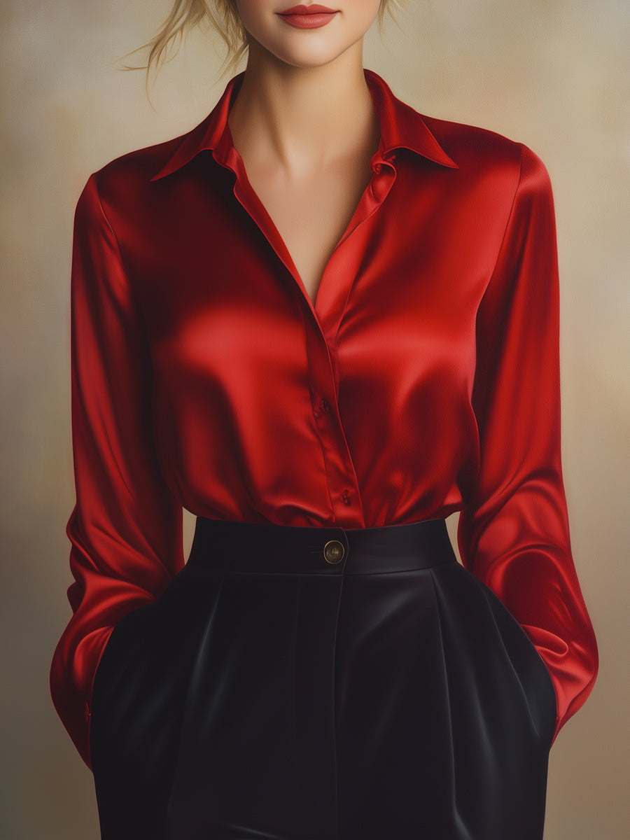 Dames Chique Satijnlook Blouse met Klassieke Kraag en Knopen
