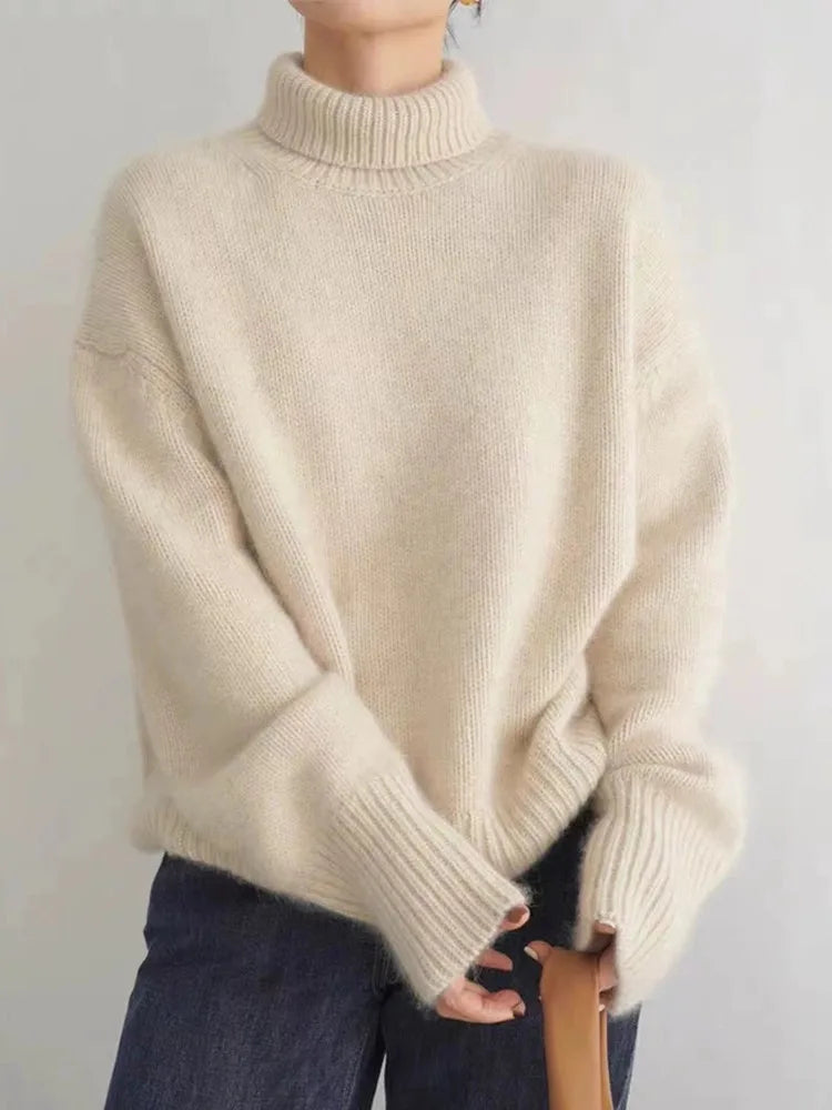 Pull col roulé oversize femme en tissu tricoté doux
