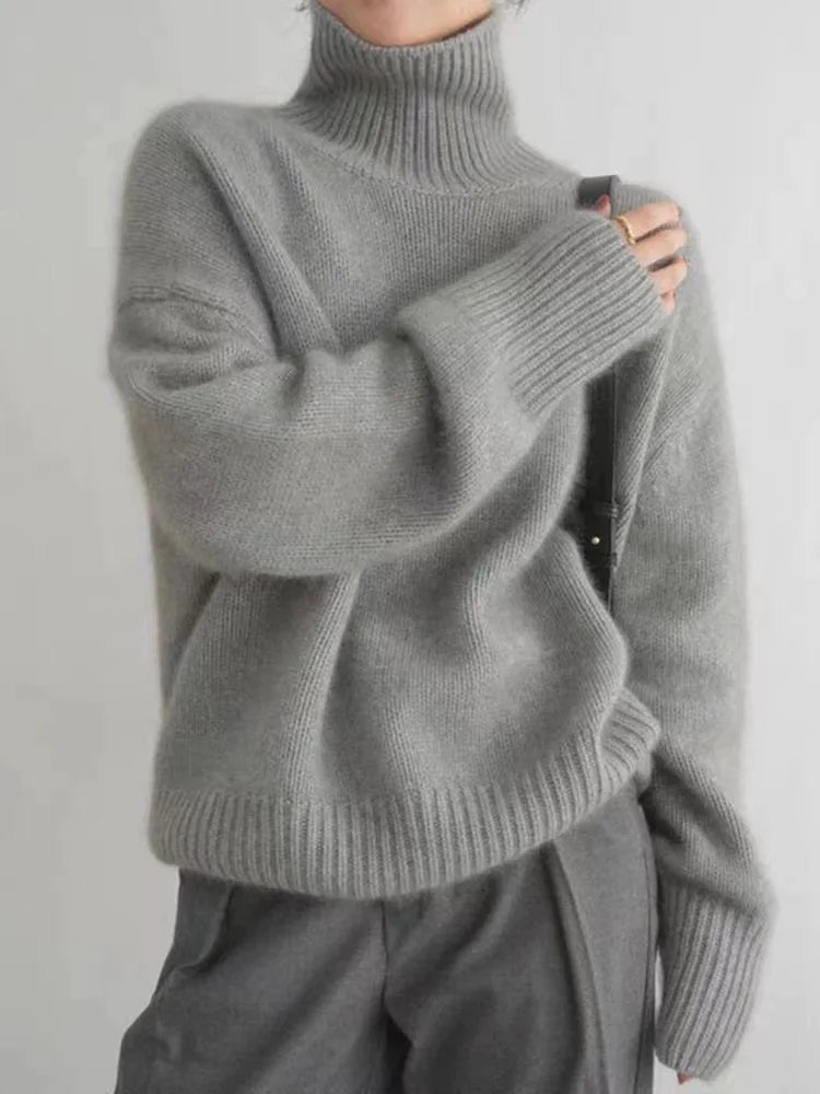 Pull col roulé oversize femme en tissu tricoté doux