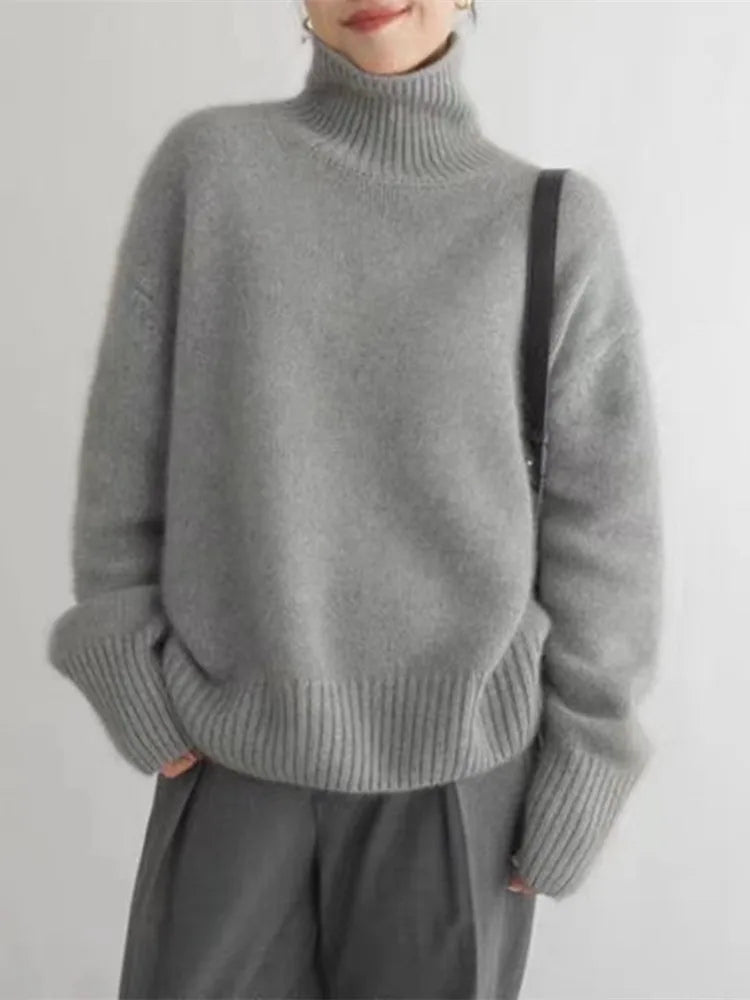 Pull col roulé oversize femme en tissu tricoté doux