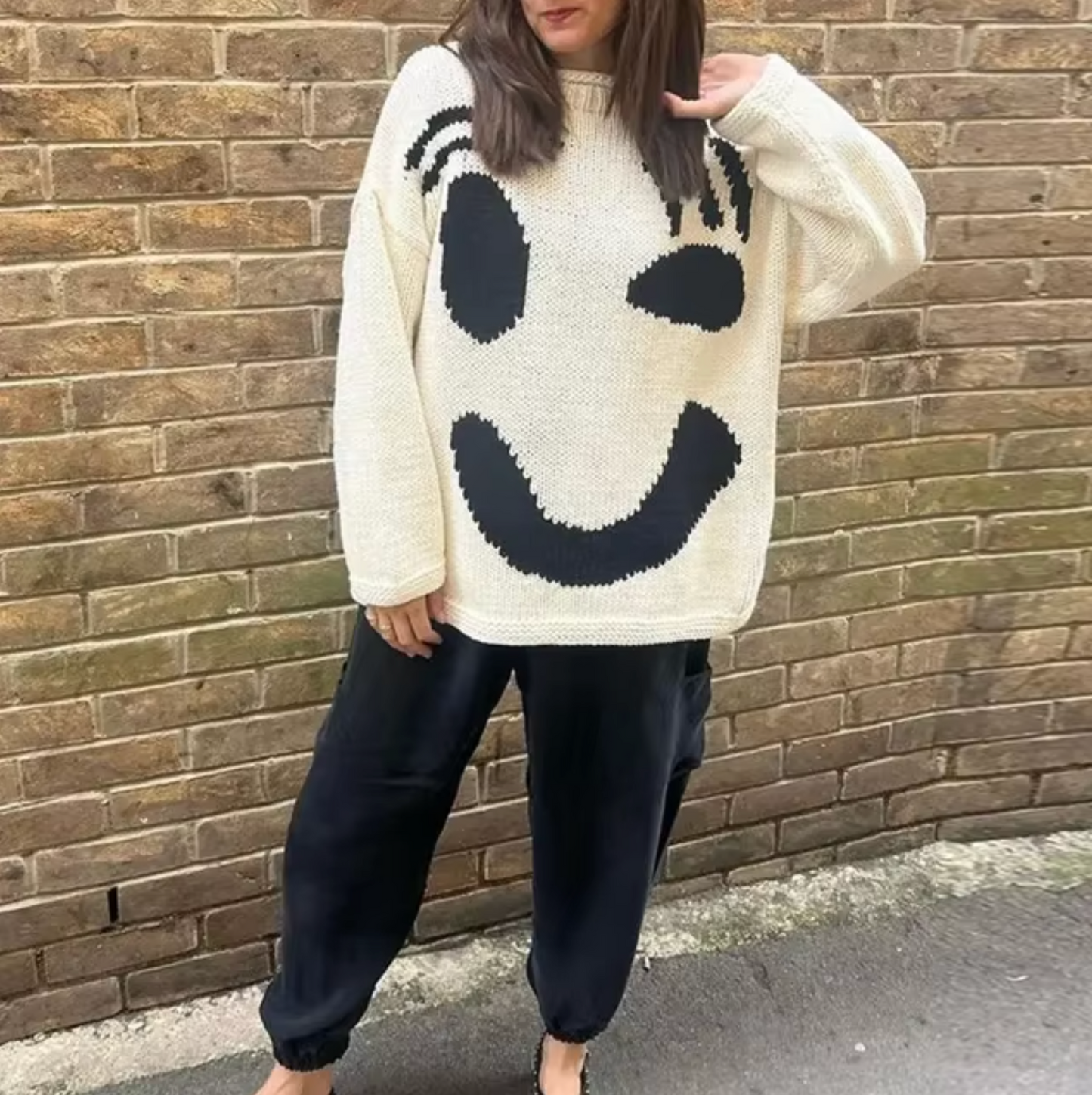 Oversized Dames Gebreide Trui met Smiley Print en Relaxte Pasvorm